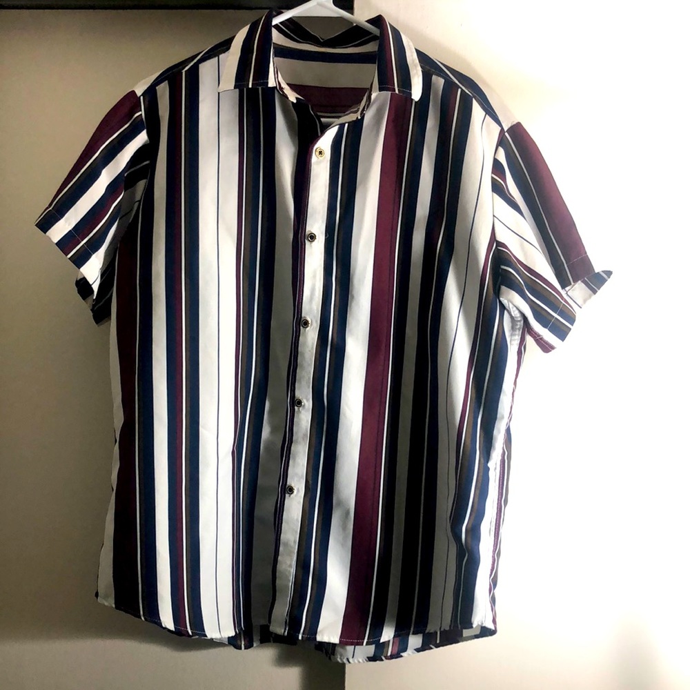 Small striped men’s button down with fancy buttons